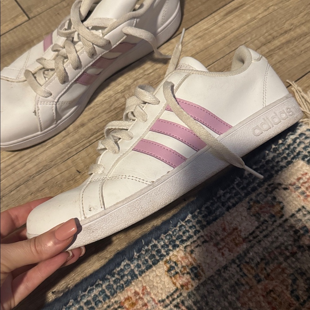 Adidas White Sneakers with lavender Stripes
